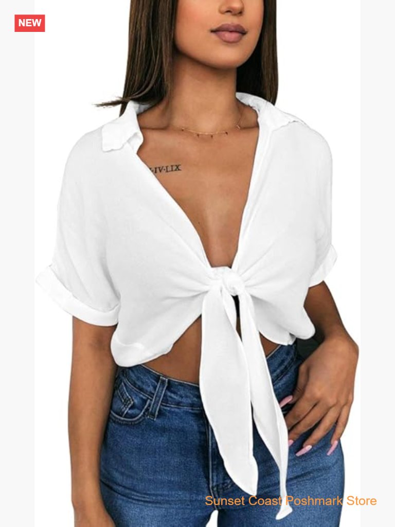 Womens Short Sleeve V Neck Batwing Crop Top Tie Knot Blouse Summer